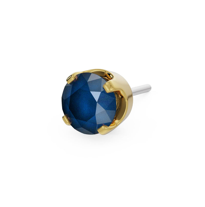 14k yellow gold 3mm blue sapphire solitaire threadless stud end, angled view showing faceted stone and prong setting
