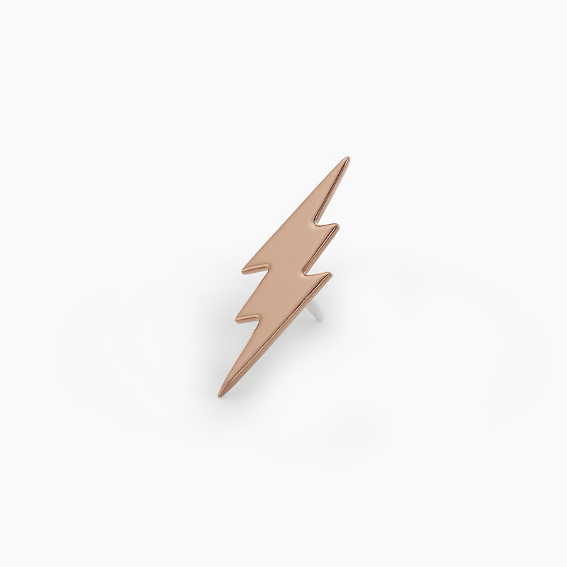 14k rose gold 8mm lightning bolt threadless stud end with steel pin visible beneath charm