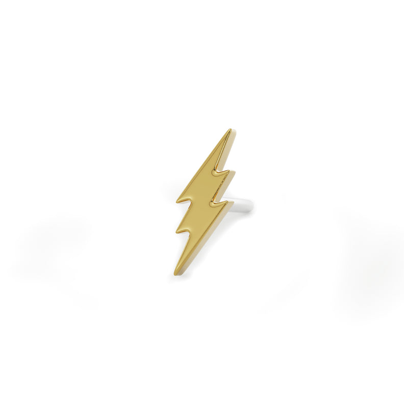 14k yellow gold lightning bolt threadless stud end, 8mm, angled view showing pushpin post