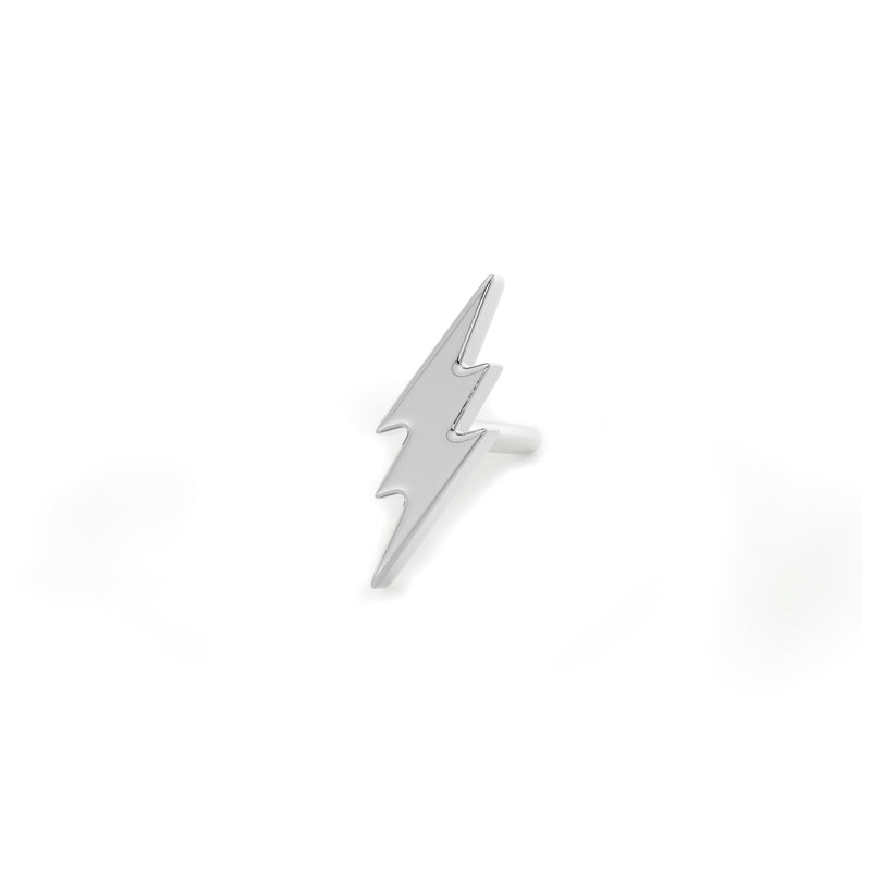 14k white gold lightning bolt piercing stud end, 8mm, angled product view with pushpin post visible