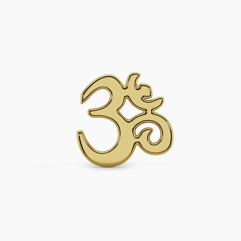14k yellow gold Om Aum symbol piercing stud, straight-on view showing open cut-out detail