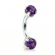 14k white gold curved barbell with two 4mm round amethyst gems, angled view