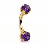 14k yellow gold curved barbell with two 4mm round amethyst gems, angled view
