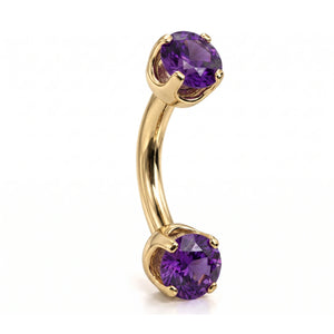 14k yellow gold curved barbell with two 4mm round amethyst gems, angled view