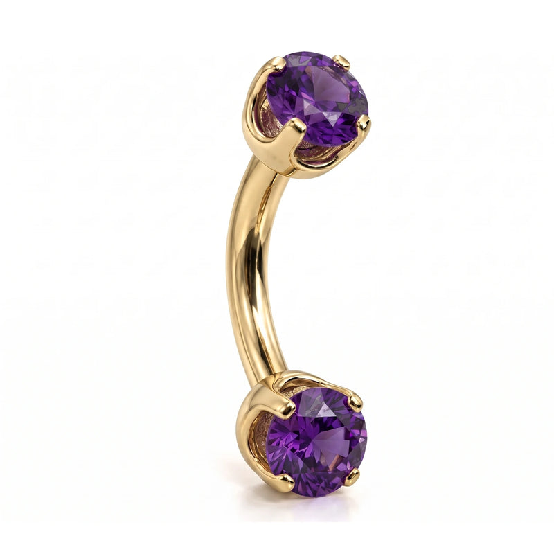 14k yellow gold curved barbell with two 4mm round amethyst gems, angled view