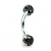 14k white gold curved barbell with two 4mm round black diamonds, angled view