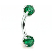 14k white gold curved barbell with two 4mm round emeralds, angled view