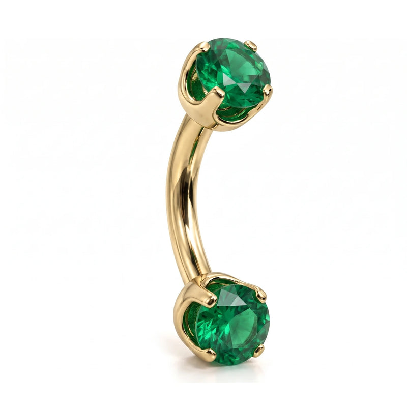 14k yellow gold curved barbell with two 4mm round emeralds, angled view
