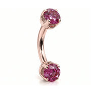 4mm pink sapphire prong-set curved barbell in 14k rose gold, 16 gauge, angled view