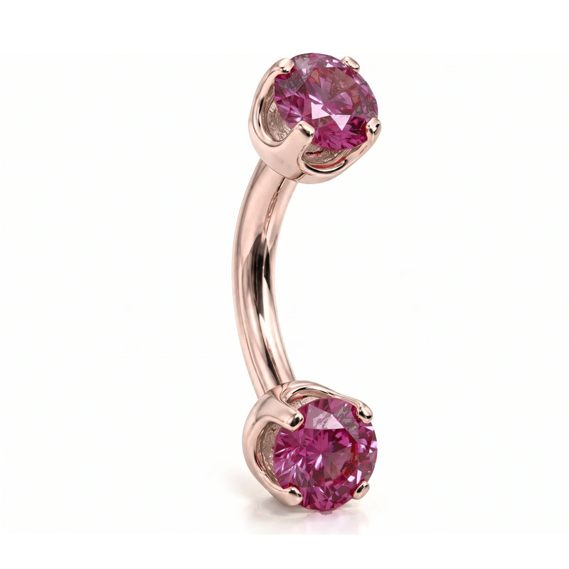 4mm pink sapphire prong-set curved barbell in 14k rose gold, 16 gauge, angled view