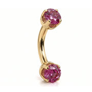 4mm pink sapphire prong-set curved barbell in 14k yellow gold, 16 gauge, angled view