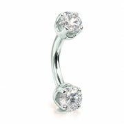 14k white gold curved barbell with two 4mm round clear gems, angled view
