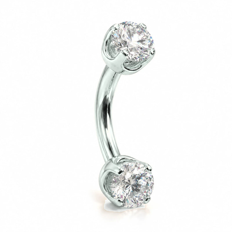 14k white gold curved barbell with two 4mm round clear gems, angled view