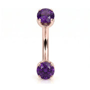 14k rose gold curved barbell with two 4mm round amethyst gems, front view
