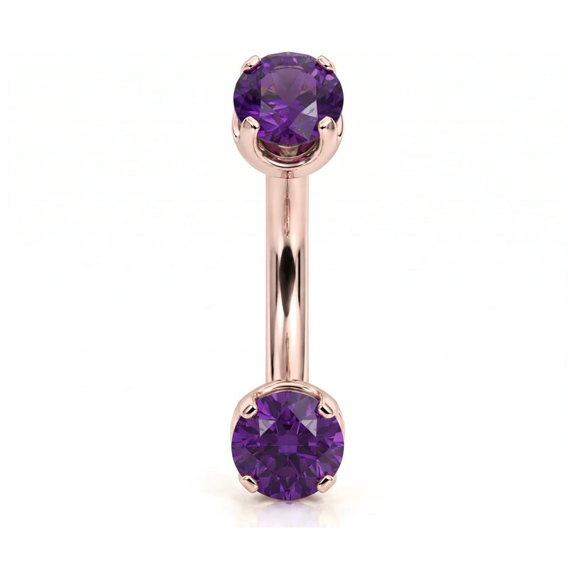 14k rose gold curved barbell with two 4mm round amethyst gems, front view