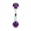 14k white gold curved barbell with two 4mm round amethyst gems, front view