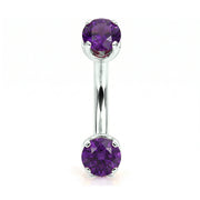 14k white gold curved barbell with two 4mm round amethyst gems, front view
