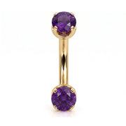 14k yellow gold curved barbell with two 4mm round amethyst gems, front view