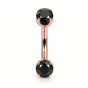 14k rose gold curved barbell with two 4mm round black diamonds, front view