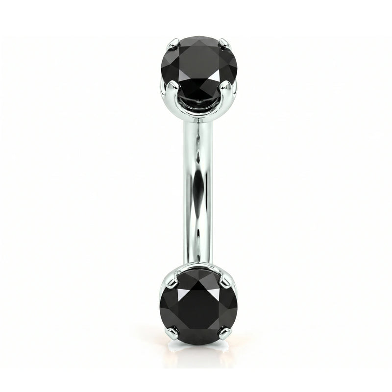 14k white gold curved barbell with two 4mm round black diamonds, front view