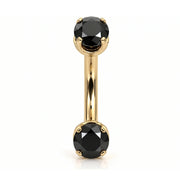 14k yellow gold curved barbell with two 4mm round black diamonds, front view