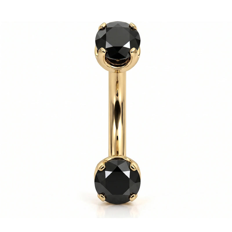 14k yellow gold curved barbell with two 4mm round black diamonds, front view
