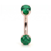 14k rose gold curved barbell with two 4mm round emeralds, front view