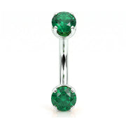 14k white gold curved barbell with two 4mm round emeralds, front view