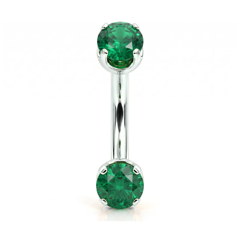 14k white gold curved barbell with two 4mm round emeralds, front view