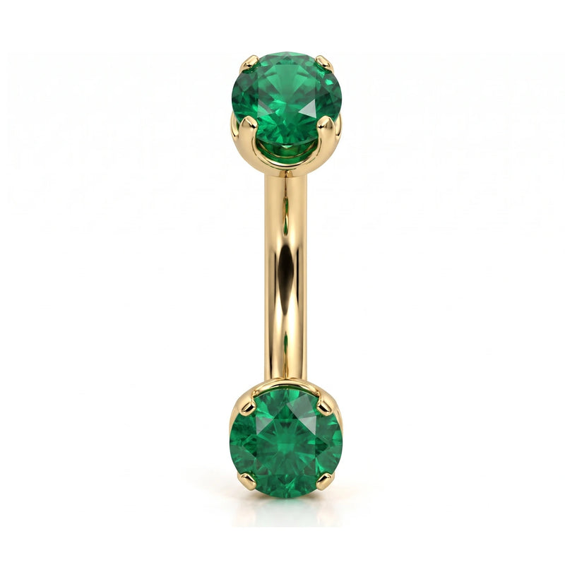 14k yellow gold curved barbell with two 4mm round emeralds, front view