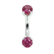 4mm pink sapphire prong-set curved barbell in 14k white gold, 16 gauge, front view