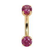 4mm pink sapphire prong-set curved barbell in 14k yellow gold, 16 gauge, front view