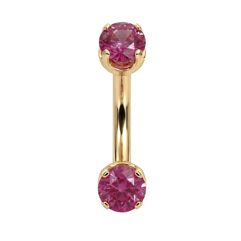 4mm pink sapphire prong-set curved barbell in 14k yellow gold, 16 gauge, front view