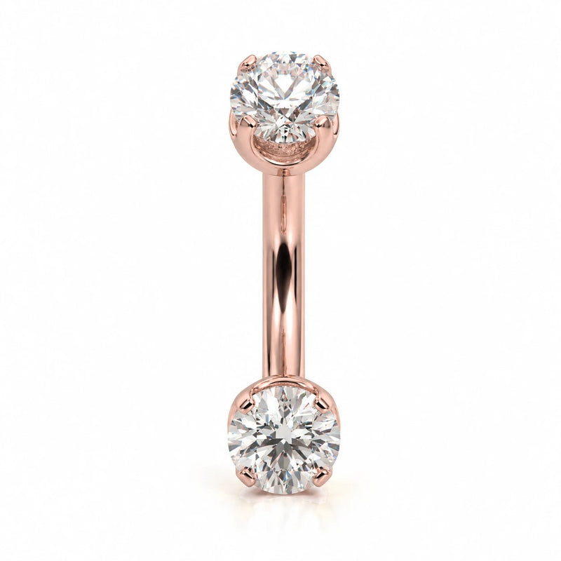 14k rose gold curved barbell with two 4mm round clear gems, front view