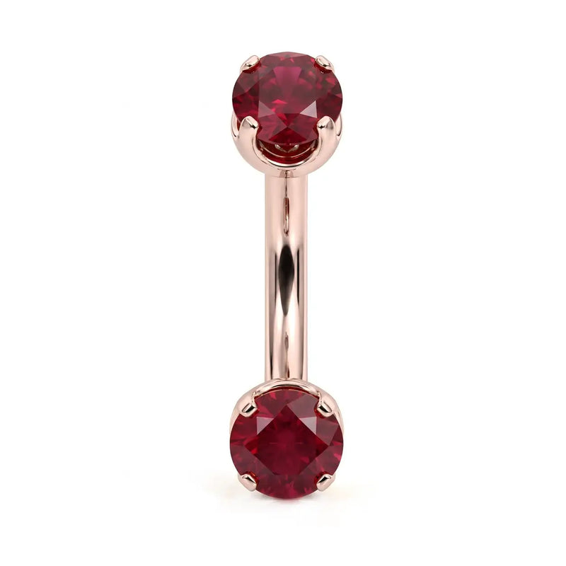 14k rose gold curved barbell with two 4mm round rubies, front view