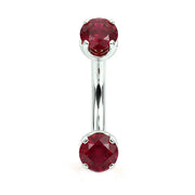 14k white gold curved barbell with two 4mm round rubies, front view
