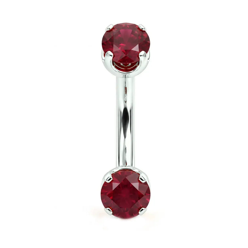 14k white gold curved barbell with two 4mm round rubies, front view