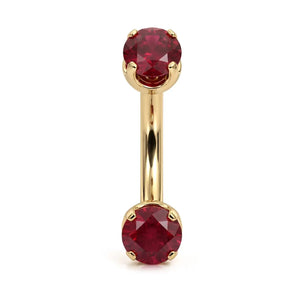 14k yellow gold curved barbell with two 4mm round rubies, front view
