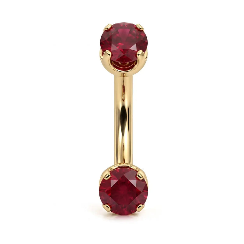 14k yellow gold curved barbell with two 4mm round rubies, front view