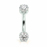 14k white gold curved barbell with two 4mm round clear gems, front view