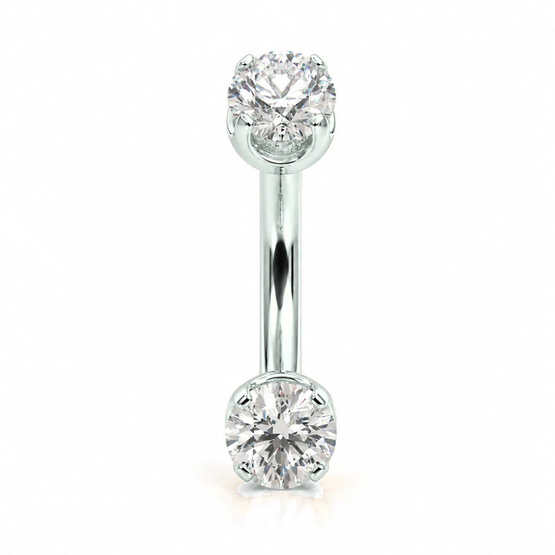14k white gold curved barbell with two 4mm round clear gems, front view