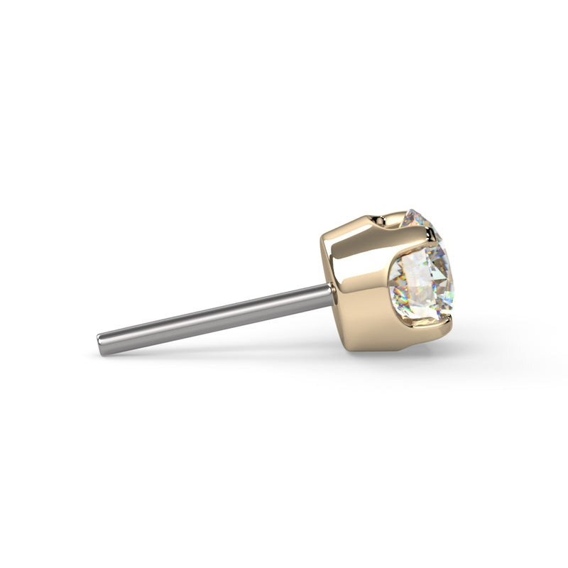 Side profile of 14k yellow gold CZ solitaire threadless end showing push pin post length and prong setting