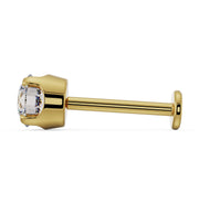 Side profile of 14k yellow gold 4mm diamond labret showing post length and flat back disc