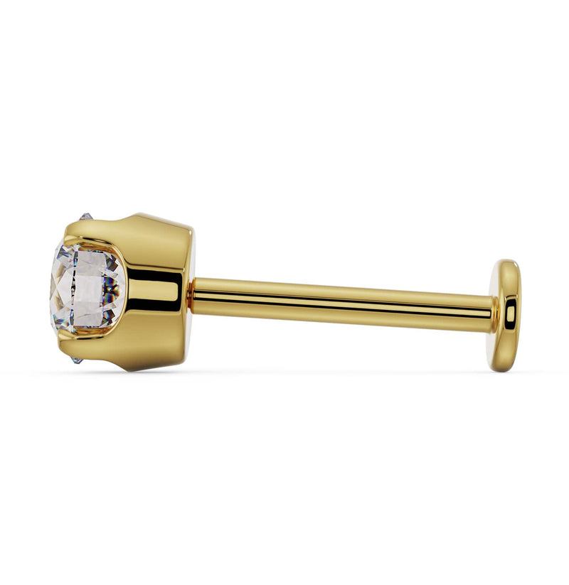 Side profile of 14k yellow gold 4mm diamond labret showing post length and flat back disc