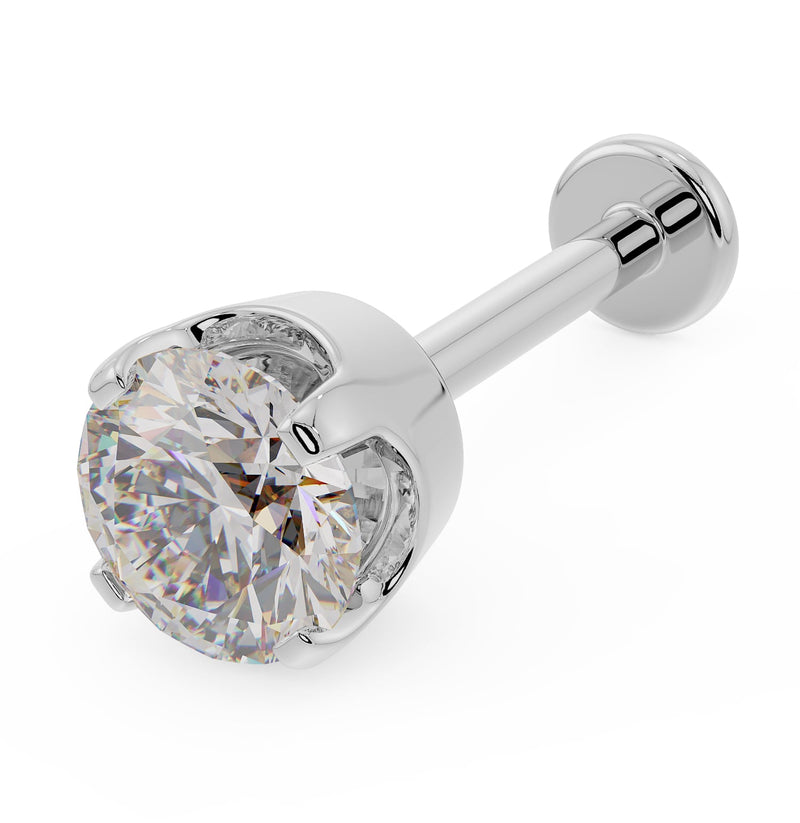 14k white gold 4mm diamond high-set prong labret flat back stud, angled front view