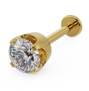 14k yellow gold 4mm diamond flat back labret stud with high-set prong basket, angled view