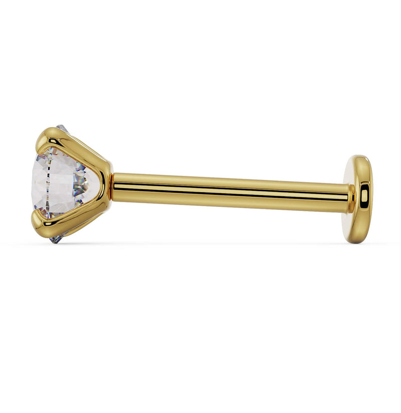 Side profile of 14k yellow gold 4mm diamond flat back labret showing post length and flat disc back
