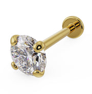 14k yellow gold 4mm diamond flat back labret, angled front view highlighting four-prong martini setting