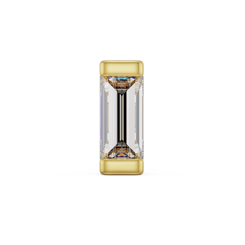 14k yellow gold extra-large baguette diamond threadless end, close front view showing wide bar setting