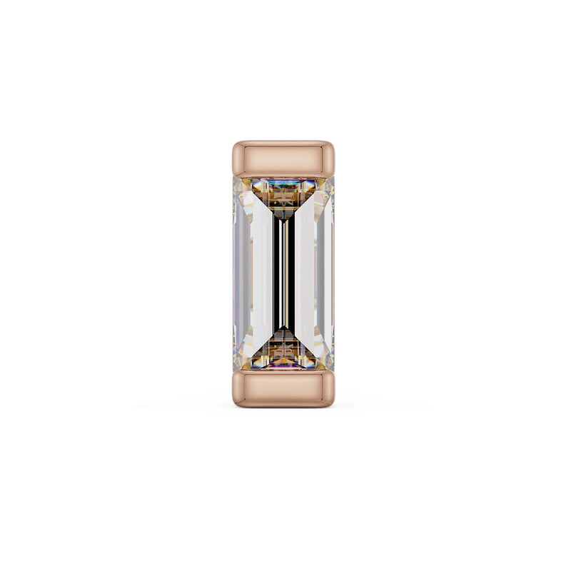 14k rose gold extra-large baguette diamond threadless push pin end, front view showing wide rose gold bar